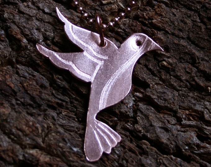 Copper Hummingbird Pendant  'Little Jewel'   Engraved flying hummingbird necklace. Copper bird.