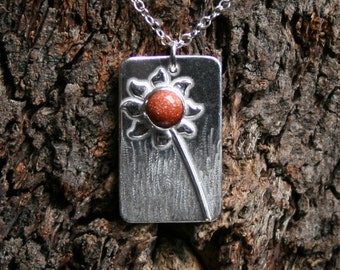 Floral Pendant 'Sunflower' Sterling Silver & Goldstone pendant. Eco-friendly recycled silver. Exclusive design. Little flower.