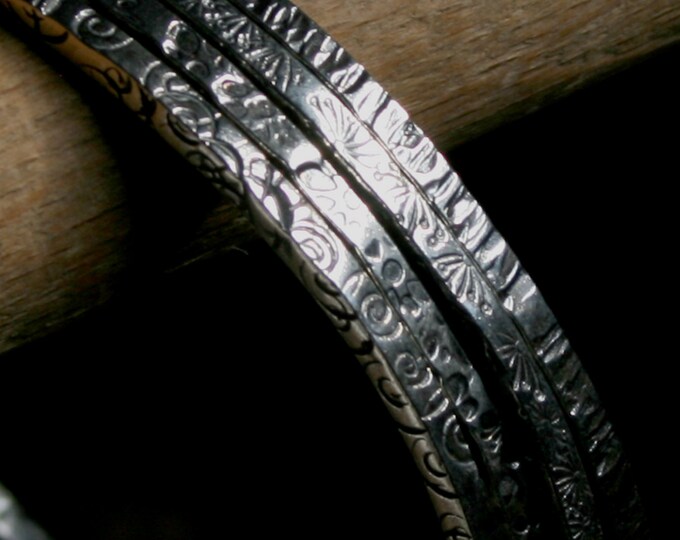 Chunky Square stacking bangles 'Spirali' 'Daisy' 'Dandelion' 'Tree bark' Patterned antiqued finish Hallmarked Sterling Silver. Choose design