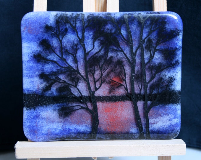 Sunset Lake - Hand painted Kiln Fused art glass 3D painting. Glass art / panel.  One of a kind painted glass panel. Blue & Orange sunset.