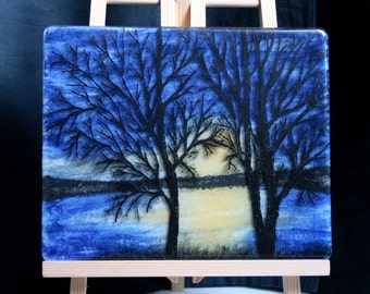 Golden Dawn - Hand painted Kiln Fused art glass 3D painting. Glass art / panel.  One of a kind painted glass panel. Blue & yellow sunrise.