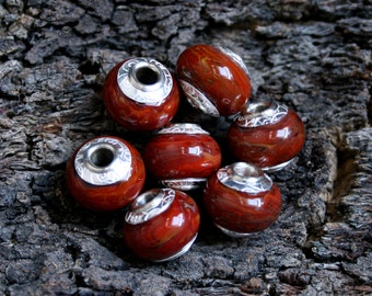 Petrified Wood ~ Lampwork big hole Focal beads. Hand made full sterling silver core & end caps. Choose Fine silver wrapped or Plain. Organic