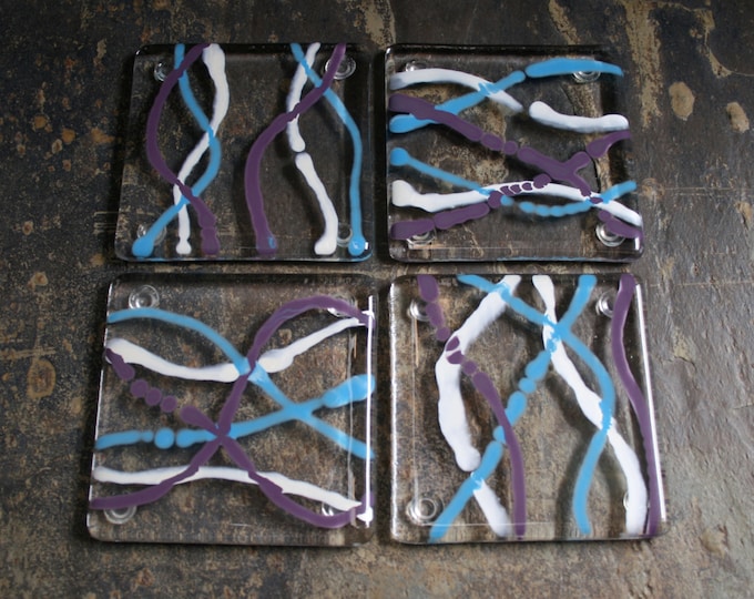 Fused glass coasters. 'Serpentine - Sky'  Mauve, Turquoise and White on a clear base. Squiggly coasters. Choose 2 or 4. Can be customized.