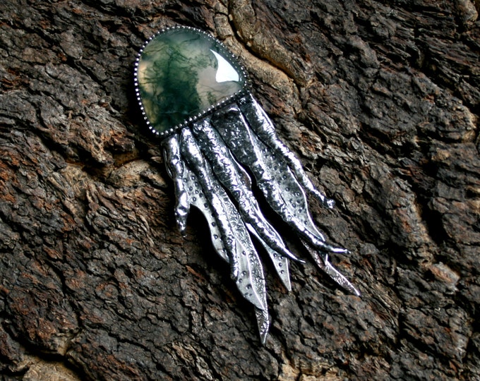 Handmade Jellyfish brooch. Moss Agate & Sterling Silver. Fully UK hallmarked. One of a kind 3D, Reticulated, Stamped, Recycled, Eco friendly