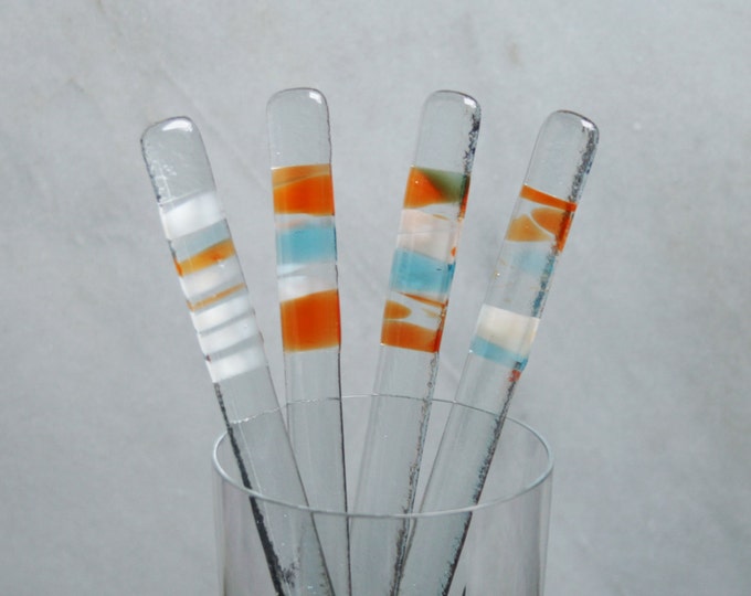 Fused glass Swizzle sticks 'Versicolor - feliĉa spirito' A set of 4 drink stirrers. Cocktail stirrers.  Boxed gift set.