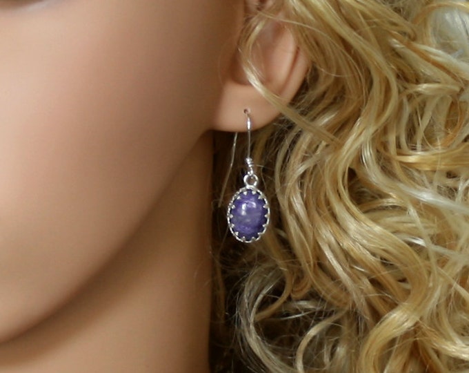 Russian Charoite 'Principessa' Earrings. Classical Princess/ Victorian design. Solid Sterling Silver. Fish hooks ear wires for pierced ears.