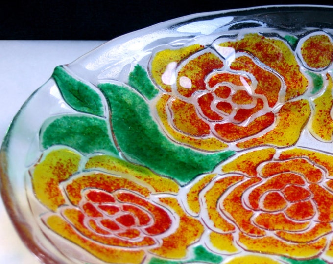 Friendship falling into love - A large, Exclusive, fused glass bowl featuring a half dozen yellow-red roses in a heavy centerpiece bowl.