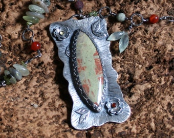 Rose Garden. Unakite Jasper, Carnelian, Peridot, Prehenite, Labradorite, Moss Agate, Ruby and Sterling Silver necklace. Fully UK hallmarked.