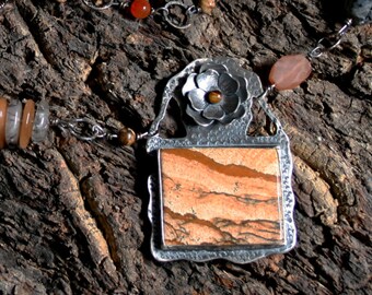 Mountain Rose. Picture Jasper, Tiger eye, Larvikite, Peach Moonstone, Carnelian, Quartz  and Sterling Silver necklace. Fully UK hallmarked.