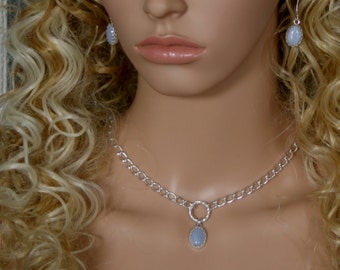 Heavyweight , fancy O ring Day Collar / Slave Necklace. Principessa Blue Lace Agate dropper. Fully UK Hallmarked silver. Choker or necklace.