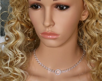 Heavyweight permanently locking FANCY O ring Unisex Day Collar / Slave Necklace. Fully UK Hallmarked Silver. Story of 'O' collar Heavy chain