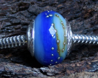 Poseidon ~ Lampwork big hole focal bead. Hand made full sterling silver core & end caps. Fine silver wrapped. Organic. Summer sea blues.