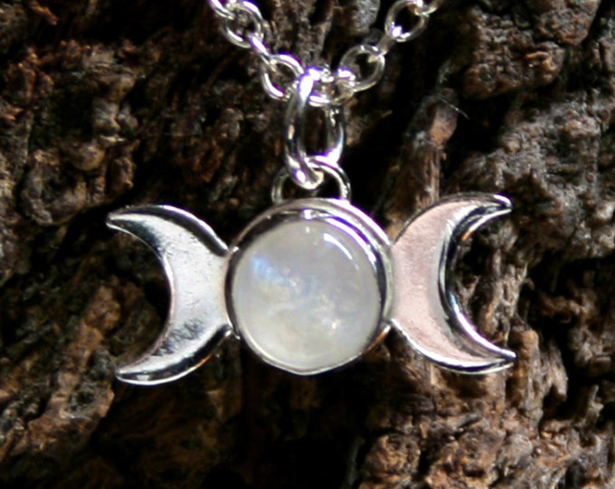 Triple Goddess ~ Sterling Silver and Rainbow Moonstone. Triple Moon Goddess. Choose Pendant, Earrings or Gift set. Choose plain or patterned