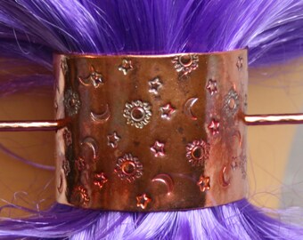 Barrette 'Sun, Moon & Stars' Hand made Pony tail cover, hair clip, slide, hair clasp, hair pin, pony tail grip. Solid copper. Pure copper.