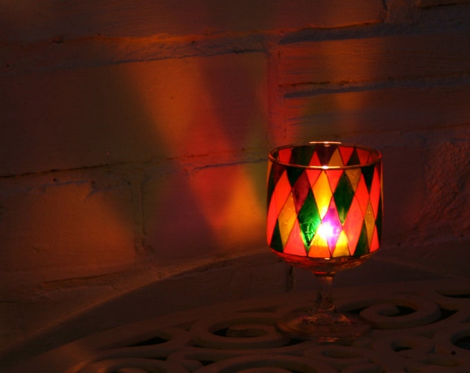 Harlequin ~ An exclusive design, mulit colored, hand painted, stemmed T light holder. Personalization available.