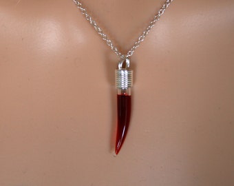 Vampire's Blood Fang. Hand blown glass & sterling silver pendant with Vampire's blood inside! Blood Vial. Blood fang necklace. Blood phial.