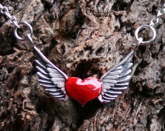 The wings of Love - Winged Heart - Discrete Sterling silver Day Collar / Slave Necklace. Enameled red heart with wings.