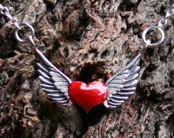 The wings of Love - Winged Heart - Sterling silver necklace. Enameled red heart with wings. Biker. Romantic. Valentines. Lover. Gift for her