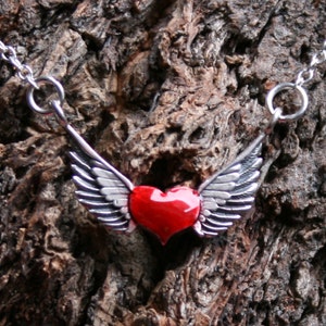 The wings of Love Winged Heart Sterling silver necklace. Enameled red heart with wings. Biker. Romantic. Valentines. Lover. Gift for her image 1