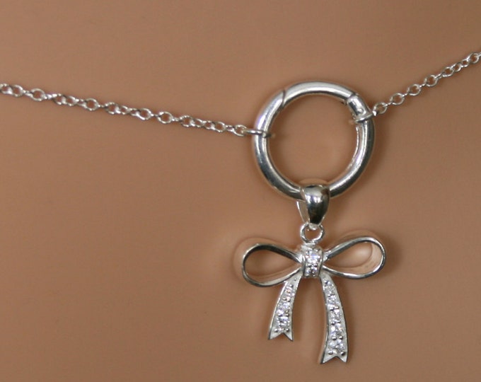 CZ Bow Permanently locking 'O' ring waist chain. Sterling silver. Infinity / Eternity ring. Baby girl bow. DD/lg. BDSM belly chain. Sparkly!