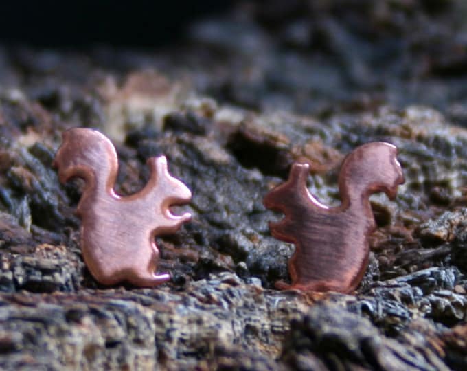 Little Red Squirrel. Copper and Sterling Silver stud earrings. 'Forest friends' collection. Sitting Squirrel. Small ear studs. Tiny studs.