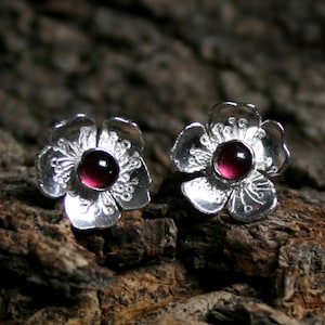 Rosa Garnet & Sterling Silver stud earrings. 'Wildflower series' Exclusive design. Tiny flower, Capricorn birthstone, January gemstone. image 1