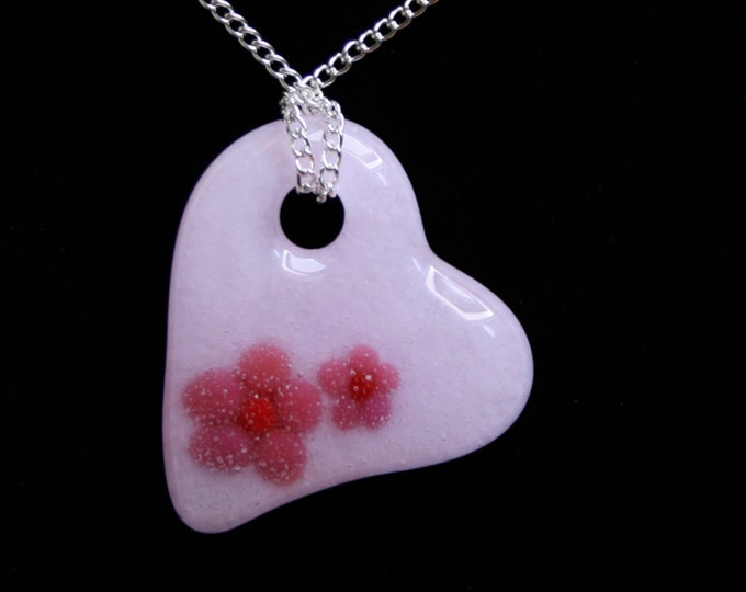 Fused glass 'Fleur' pendant. Pink flowers in a pink heart glass pendant. (choose sterling silver or silver plated chain) Romantic, Floral