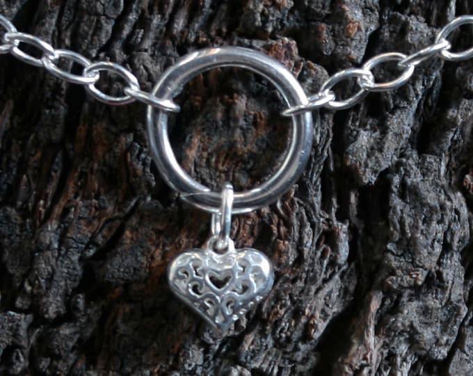 Heart of Hearts. Discrete 'O' ring Slave Bracelet. BDSM bracelet. Sterling silver. Infinity / Eternity / Captive ring. Little puffed heart.