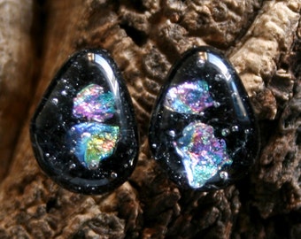 Ebony rainbow 'Angel's Tears' stud earrings ~ Fused glass & sterling silver. Iridescent sparkly pastel pieces of dichroic glass set in Black