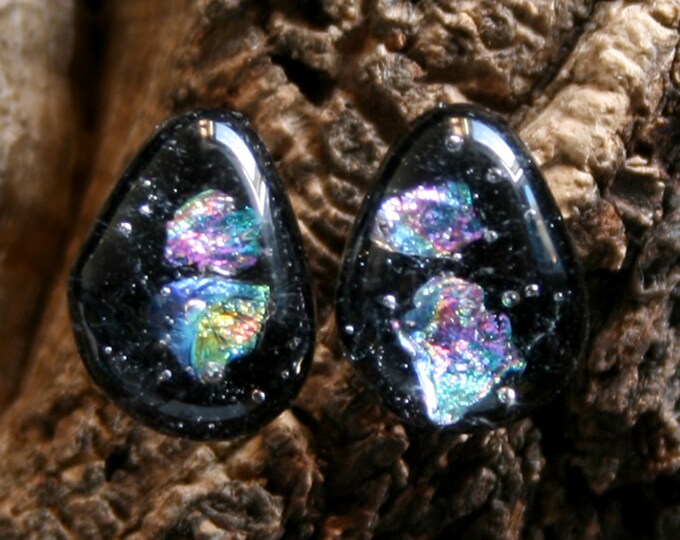 Ebony rainbow 'Angel's Tears' stud earrings ~ Fused glass & sterling silver. Iridescent sparkly pastel pieces of dichroic glass set in Black
