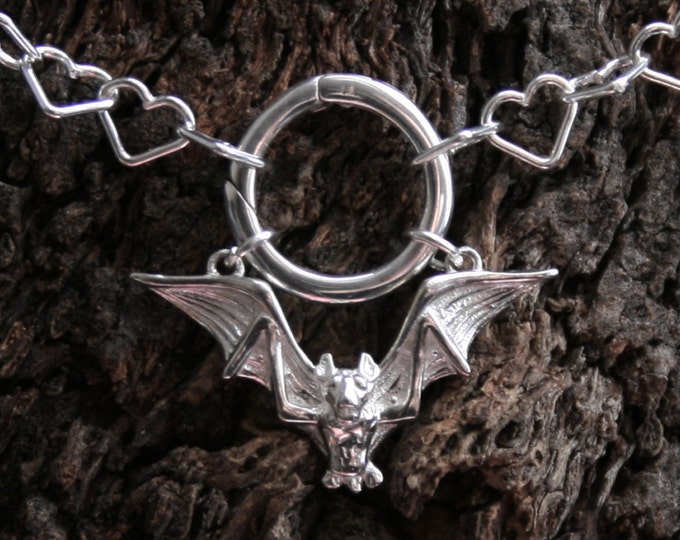 Gothic Bat ~ Discrete PERMANENTLY LOCKING O ring Day Collar/Slave Necklace/Choker. Sterling silver Heart chain. Infinity/Eternity ring