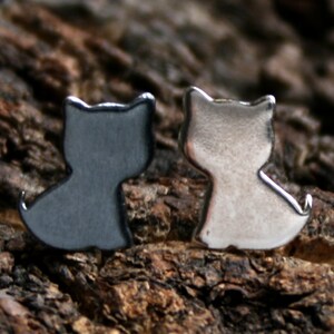 Cute Kitten. Sterling Silver stud earrings. 'Forest friends' collection. Exclusive design. Eco-friendly Natural or Black silver. Kitty Cats. image 1