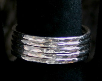 Sterling Silver stack rings. Hammered skinny silver stacking rings. Choose black or natural silver. Single or Set US 8 to 13 ~ UK Q to Z 1/2
