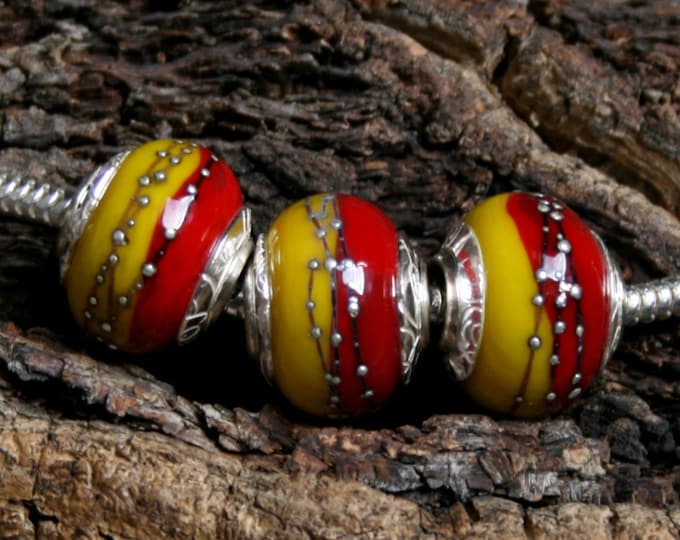 Happiness ~ Set of 3 lampwork big hole beads. Hand made full sterling silver core & end caps. Fine silver wrapped. Organic. Red and Yellow.