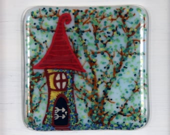 Fae Cottage - Framed Kiln Fused art glass painting. Fairy House in the woods. Natural wood frame. Glass wall art. 19 x 19cm (7.5 x 7.5")