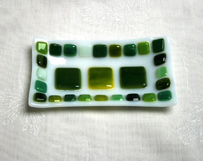 Sunlit Forest (D4), mosaic series, fused glass soap / trinket / sushi dish in a range of Greens set on white. Bathroom/ Kitchen/ Bedroom