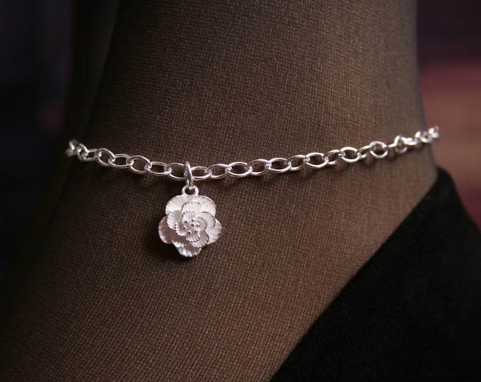 Camellia. Slave Ankle Chain Bracelet. BDSM Anklet. Sterling silver. Layered floral ankle chain. Pretty flower. Flower chain anklet.