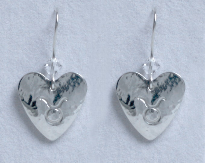 Handmade 'Birthday' earrings. April, Diamond, Birthstone, Birth sign, Zodiac, Taurus. Silver & Swarovski crystal heart earrings