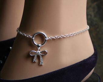 Permanently Locking CZ Bow dropper 'O' ring Ankle Chain Bracelet. BDSM Anklet. Sterling silver. Infinity/Eternity ring. Baby girl bow. DD/lg