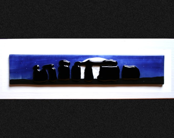 Stonehenge Moonrise #4 Fused glass painting ~ raised stones on a hand painted night sky base, set on a white frame. 34 x 10cm (13.5 x 4")