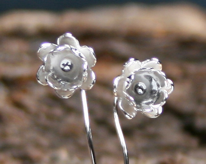 Peony ~ Simply Silver ~ Wildflower series ~ Exclusive design sterling silver flower earrings. Long stem. Floral. Eco-friendly. Stemmed.