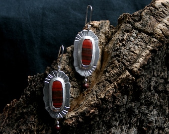 Handmade Banded Red Jasper & Sterling Silver earrings. Fully UK hallmarked. One of a kind. Beautiful deep reds. Drop/Dangle