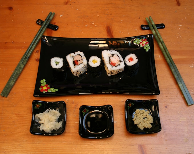 Fused glass Sushi set 'Flora Black - in Red' 6 or 8 piece large serving set (2 or 4 person set) With red flowers & green leaves set on black