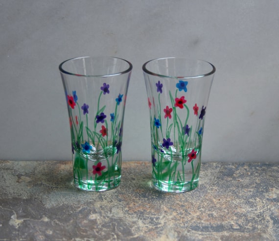 Flower Garden. Exclusive design. Set of 6 hand painted shot glasses. Purple/Pink/Blue/choose color. Custom options/personalization available