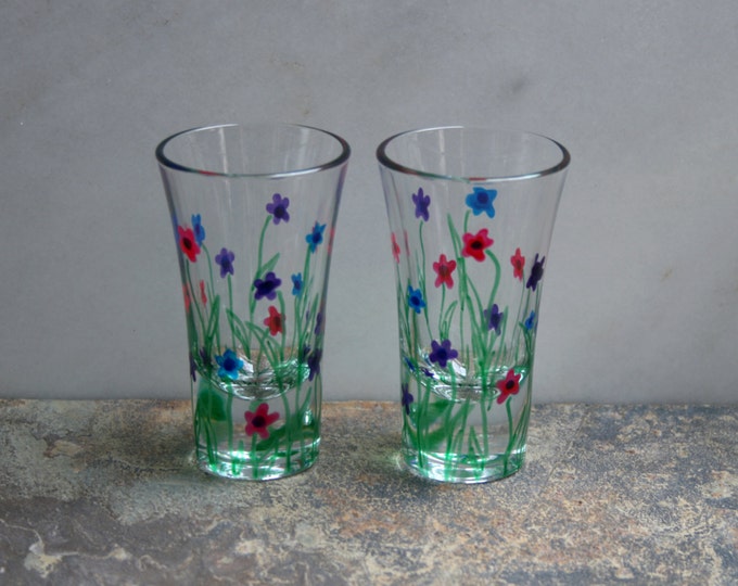 Flower Garden. An exclusive design - 2 hand painted shot glasses. Purple/Pink/Blue/choose color(s). Custom options/personalization available