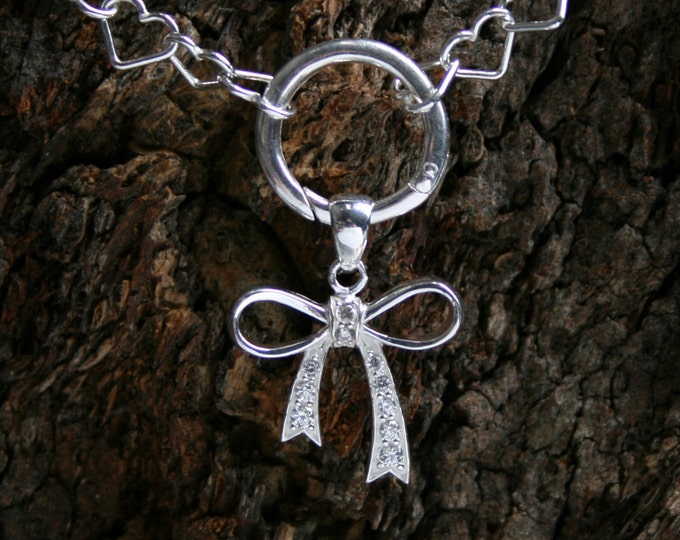 Discrete 'CZ Bow Permanently Locking Sterling silver Heart chain Day Collar/Slave Necklace. Eternity/Infinity/'O' ring. Baby girl bow. DD/lg