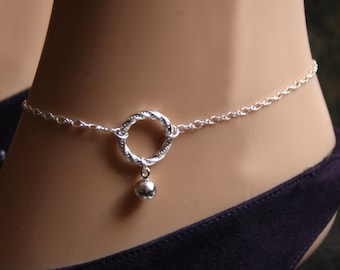 Slave bell. PERMANENTLY LOCKING Fancy 'O' ring Slave Ankle Infinity Chain Bracelet. BDSM Anklet. Sterling silver. Tiny little bell. Eternity