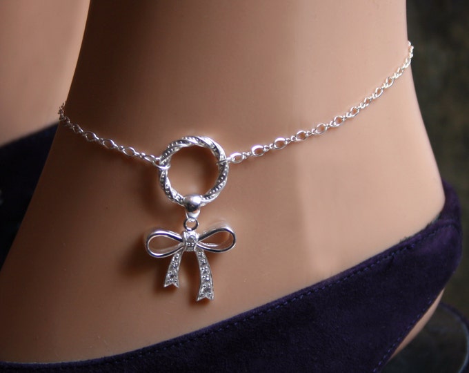 CZ Bow  Fancy 'O' ring Slave Ankle Chain Bracelet. BDSM infinity chain Anklet. Sterling silver. Infinity Eternity ring. Baby girl bow. DD/lg