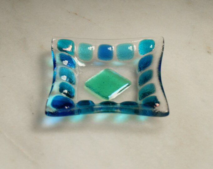 Summer Seas (D4), mosaic series, fused glass ring dish / earring dish in a range of blues. Bathroom / Kitchen / Bedroom