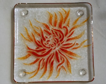 Fused glass coasters. 'Chrysanthemum'  Flame red and orange flowers on a clear base. Floral coasters. Choose 2 or 4.